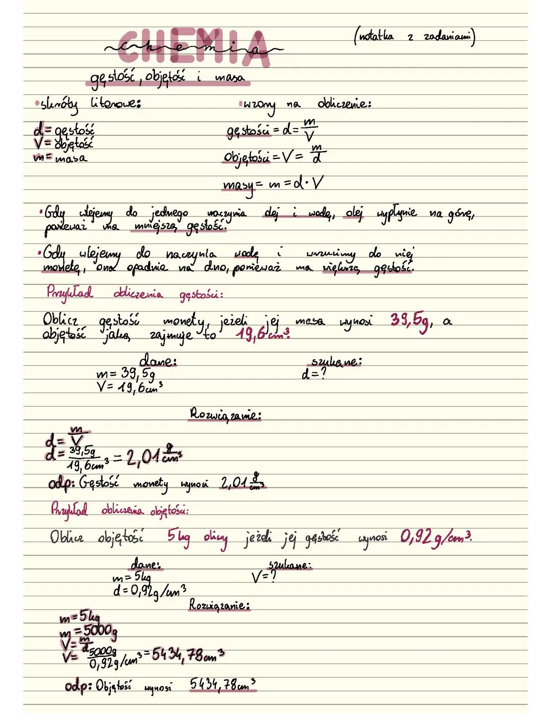 Notatka Chemia Klasa 7: Gęstość, Objętość, Masa