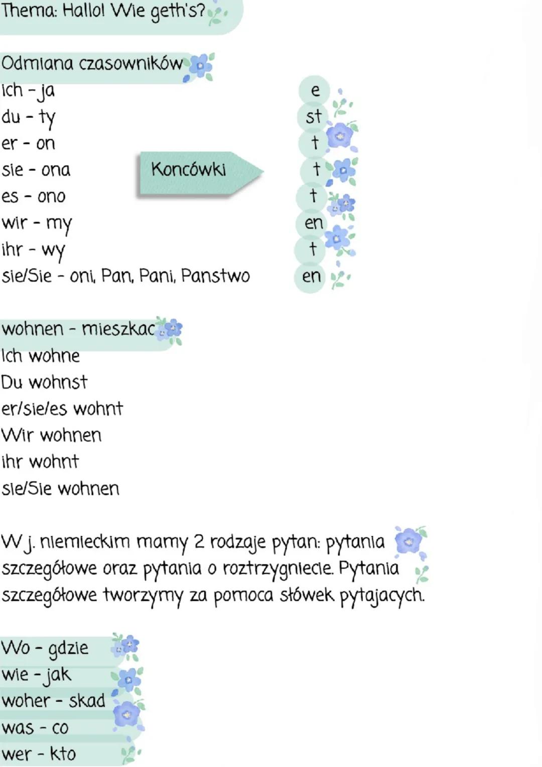 Thema: Hallo! Wie geth's?
Odmiana czasowników
Ich-ja
du-ty
er - on
sie - ona
Koncówki
es - ono
wir-my
e
st
++
en
ihr - wy
sie/Sie - oni, Pan