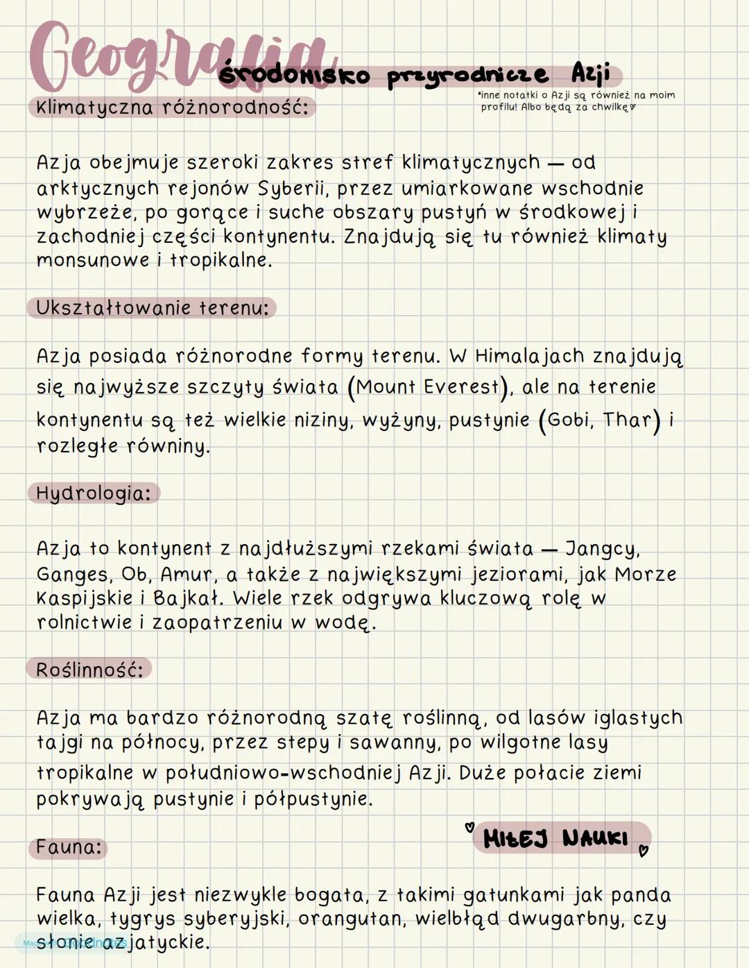 Geogra
środowisko przyrodnicze Azji
Klimatyczna różnorodność:
inne notatki o Azji są również na moim
profilu! Albo będą za chwilkę
Azja obej