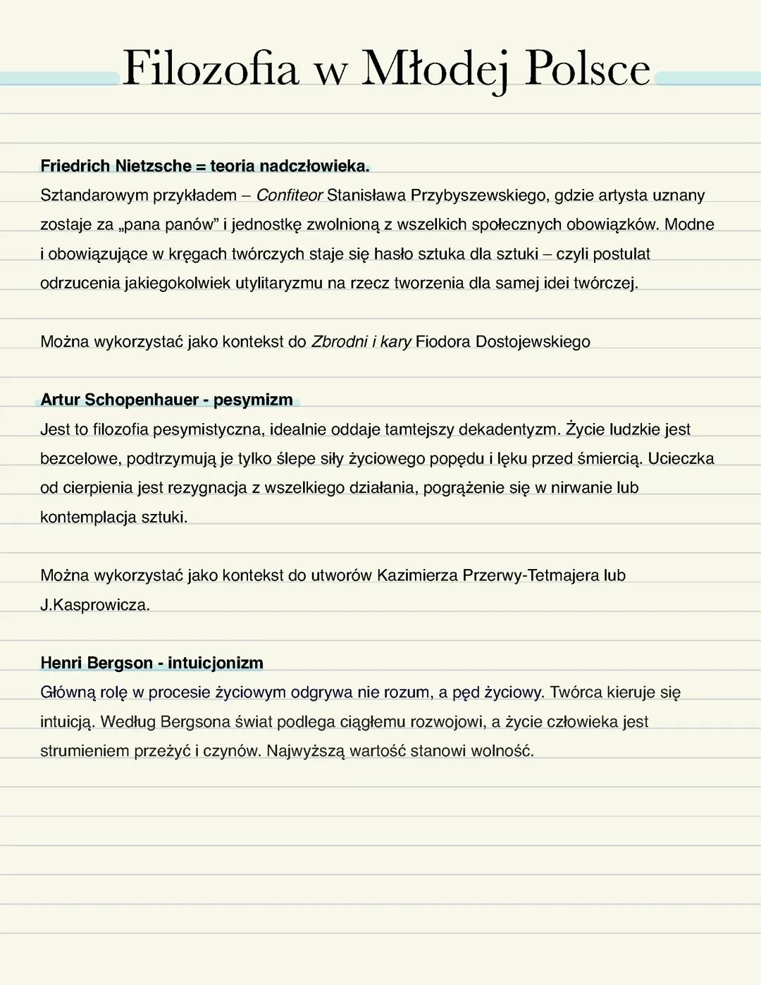 Filozofia w Młodej Polsce Nietzsche Schopenhauer Bergson Polski matura 3 klasa LO