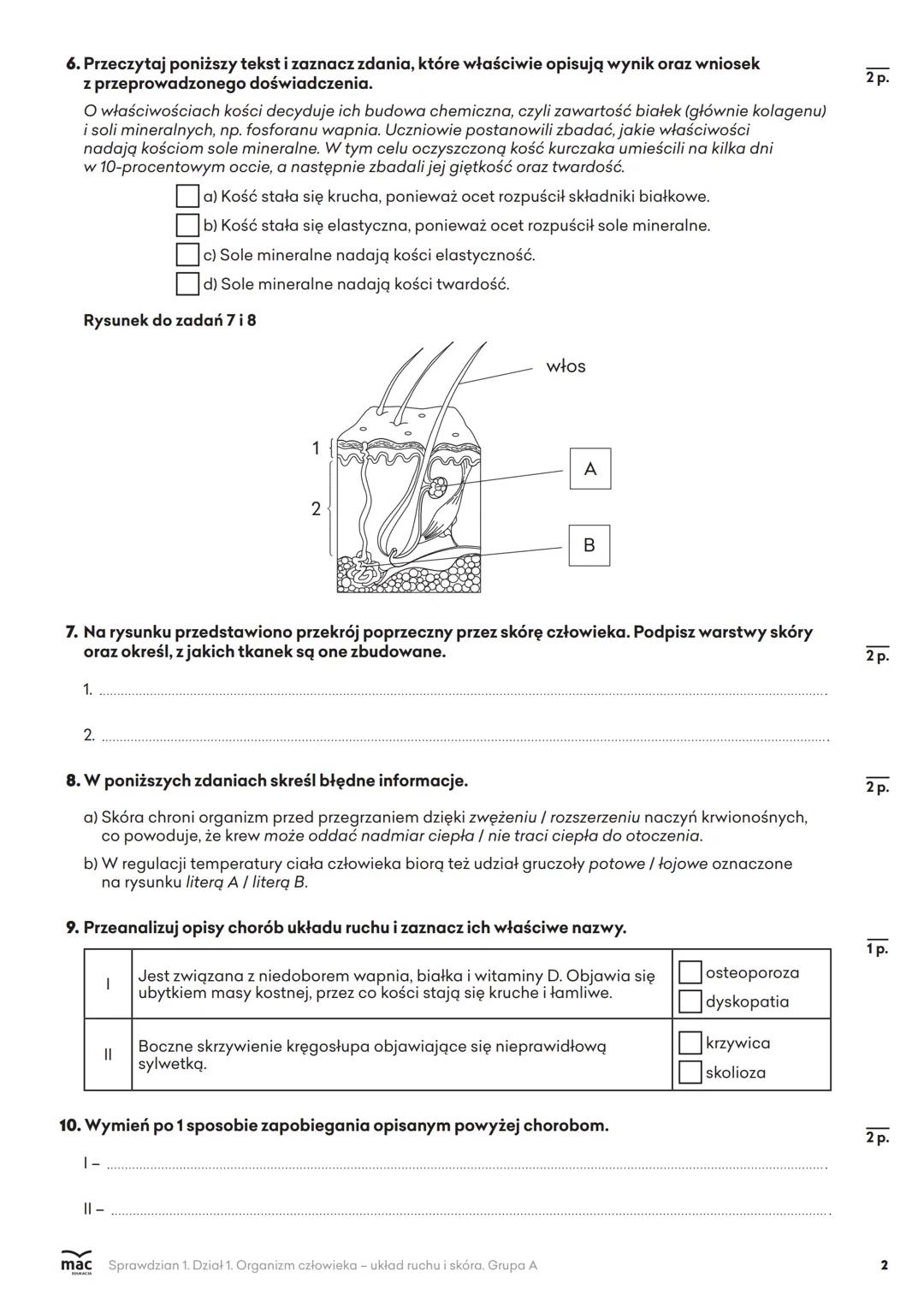 Imię i nazwisko
Klasa
/ 20 p.
Liczba punktów
Sprawdzian 1. Dział 1. Organizm człowieka - układ ruchu i skóra
1. Uszereguj wymienione element