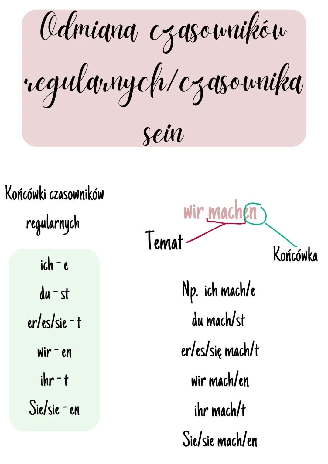 Czasownik sein
Sein - "byc"
Niemiecki
Polski
ich bin
Ja jestem
du bist
er/sie/es ist
Wir sind
ihr seid
Sie/sie sind
ty jesteś
on/ona/ono jes