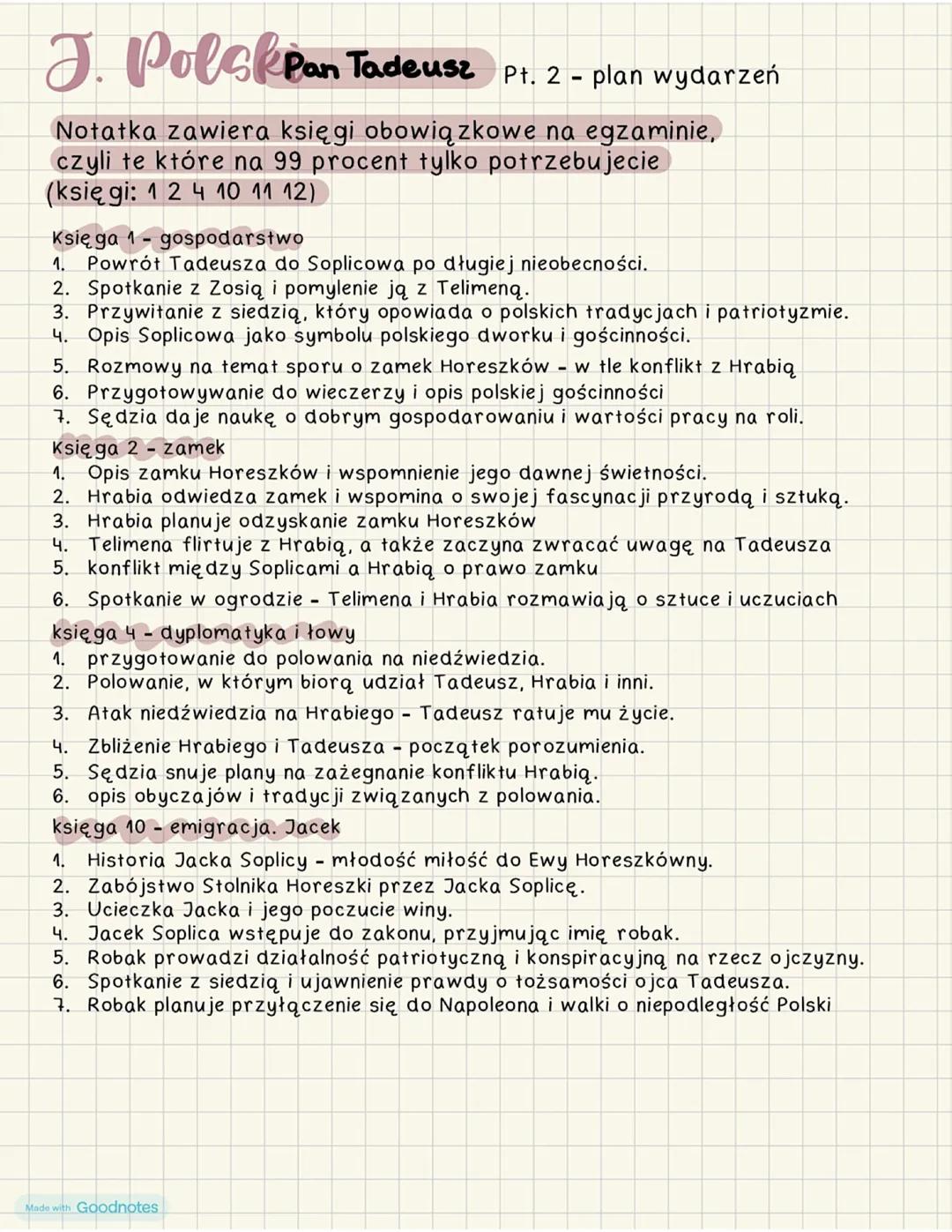 Pan Tadeusz - plan wydarzeń (streszczenie) (I II IV X XI XII)