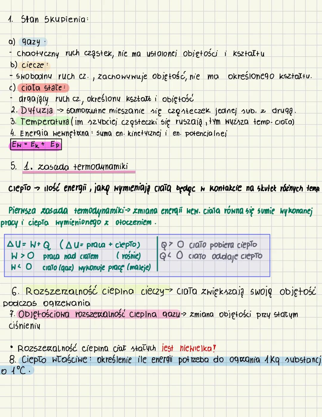 1. Stan Skupienia:
a) gazy
- Chaotyczny ruch cząstek, nie ma ustalonej objętości i kształtu
b) ciecze:
swobodny ruch cz., zachowywuje obięto
