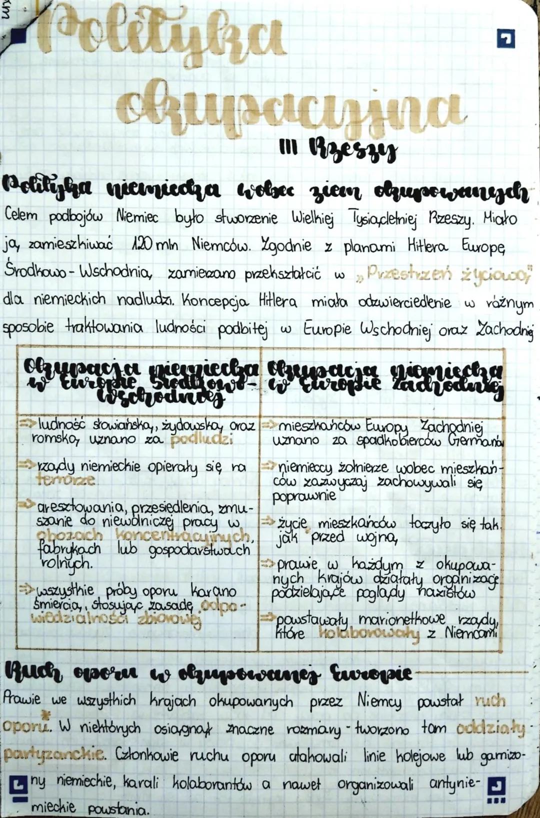 # Polityka
okupacyjna
III Rzeszy
Polityka niemiecza wobec ziem ozupowanych
Celem podbojów Niemiec było stworzenie Wielkiej Tysiącletniej