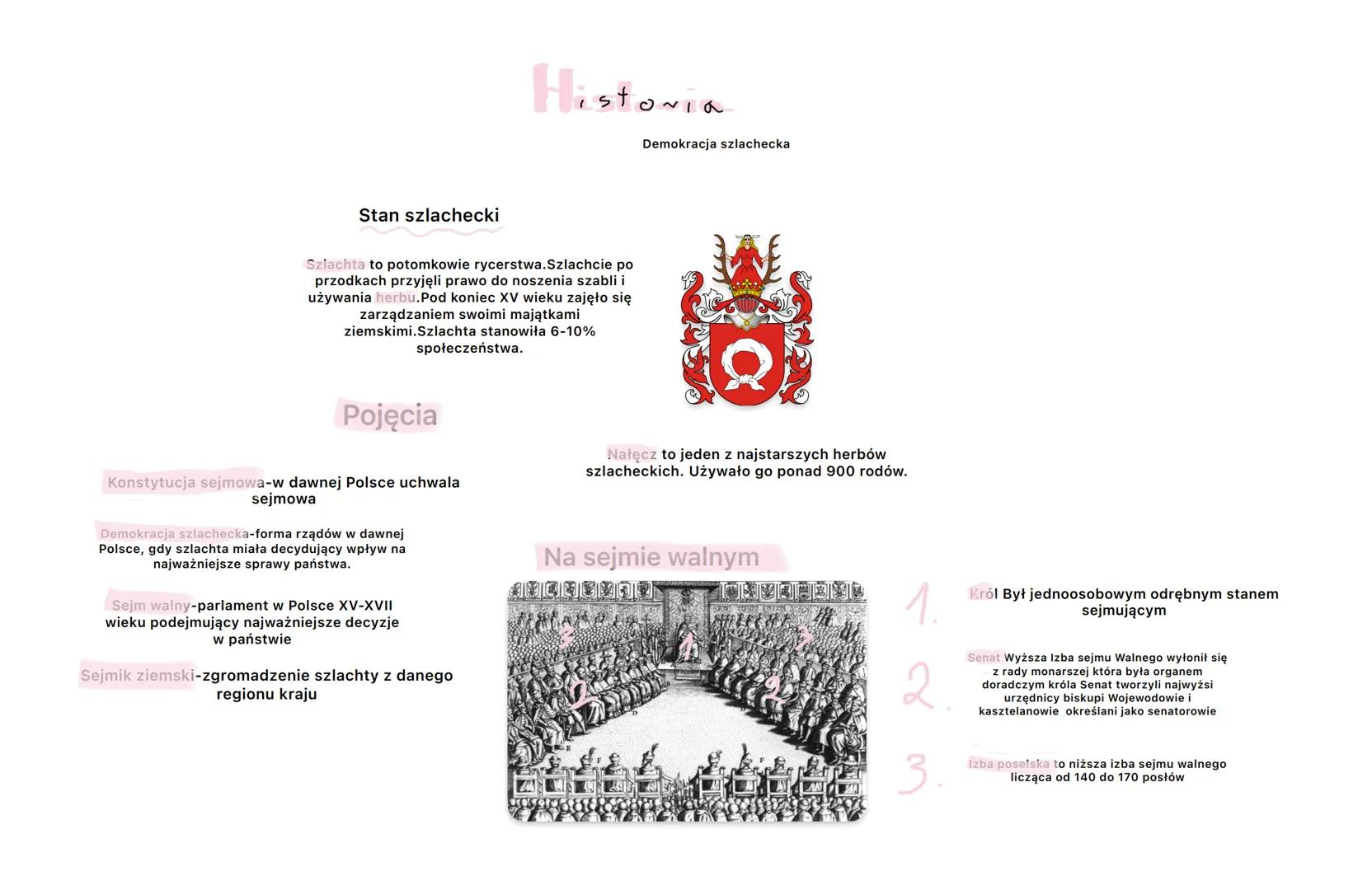 # Historia
Demokracja szlachecka
Stan szlachecki
Sziachta to potomkowie rycerstwa. Szlachcie po
przodkach przyjęli prawo do noszenia szabl