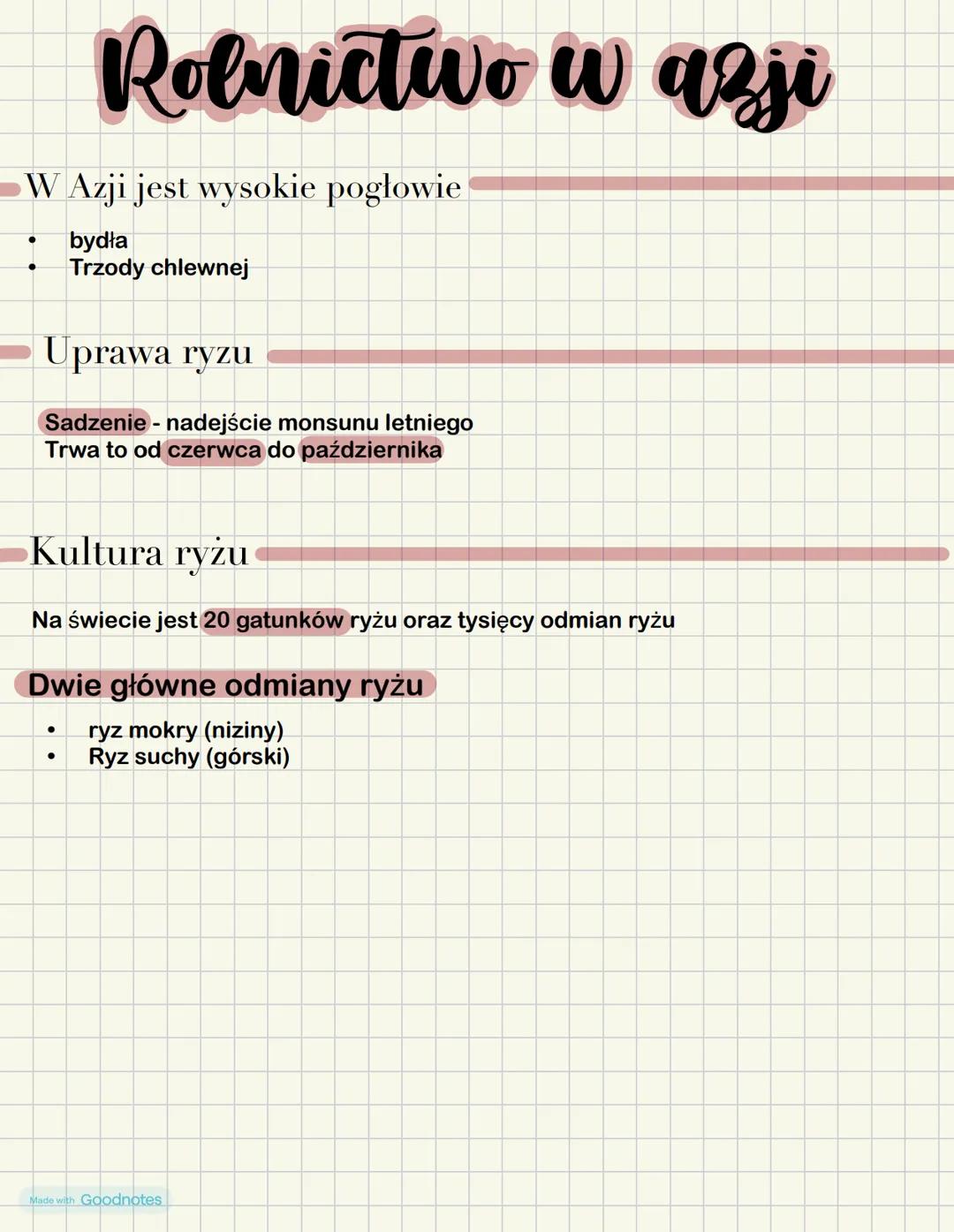 Rolnictwo w azji
W Azji jest wysokie pogłowie
bydła
Trzody chlewnej
Uprawa ryzu
Sadzenie - nadejście monsunu letniego
Trwa to od czerwca do