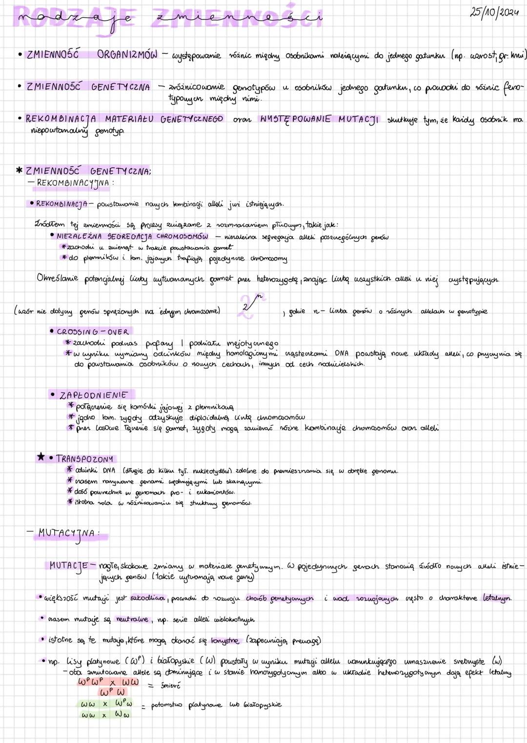 # Rodzaje zmienneści
25/10/2024
• ZMIENNOŚĆ ORGANIZMÓW - występowanie różnic międny osobnikami należącymi do jednego gatunku (np. wzrost, g