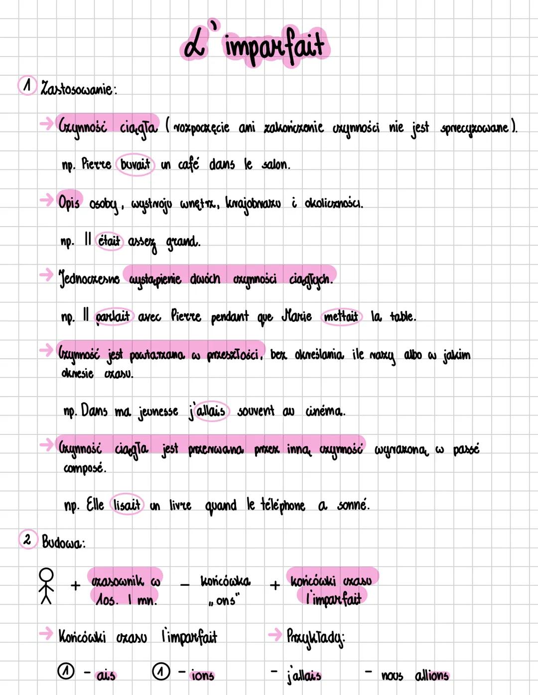 # L'imparfait
1 Zastosowanie:
Czynność ciągła (rozpoczęcie ani zakończenie oxynności nie jest sprecyzowane).
np. Pierre buvait un café da