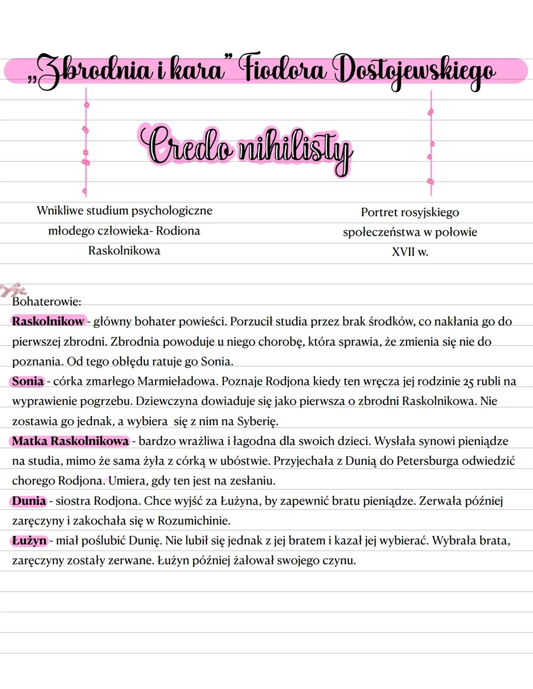 „Zbrodnia i kara” Fiodora Dostojewskiego
Credo nihilisty
Wnikliwe studium psychologiczne
młodego człowieka- Rodiona
Raskolnikowa
Portret ros