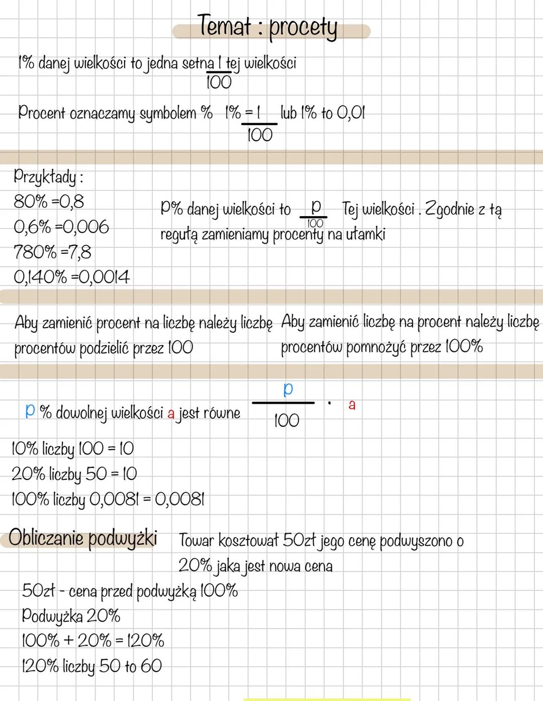 # Temat: procety
1% danej wielkości to jedna setna I tej wielkości
100
Procent oznaczamy symbolem % 1% = 1 lub 1% to 0,01
Przykłady:
80%