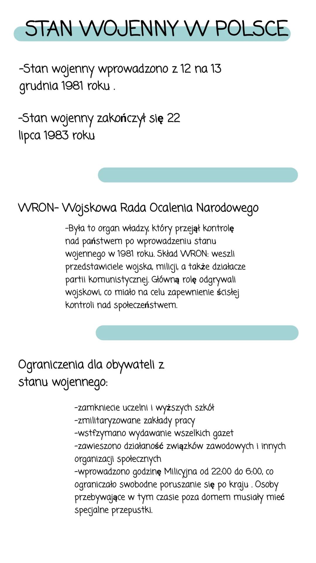 STAN WOJENNY W POLSCE
-Stan wojenny wprowadzono z 12 na 13
grudnia 1981 roku.
-Stan wojenny zakończył się 22
lipca 1983 roku
WRON- Wojskowa