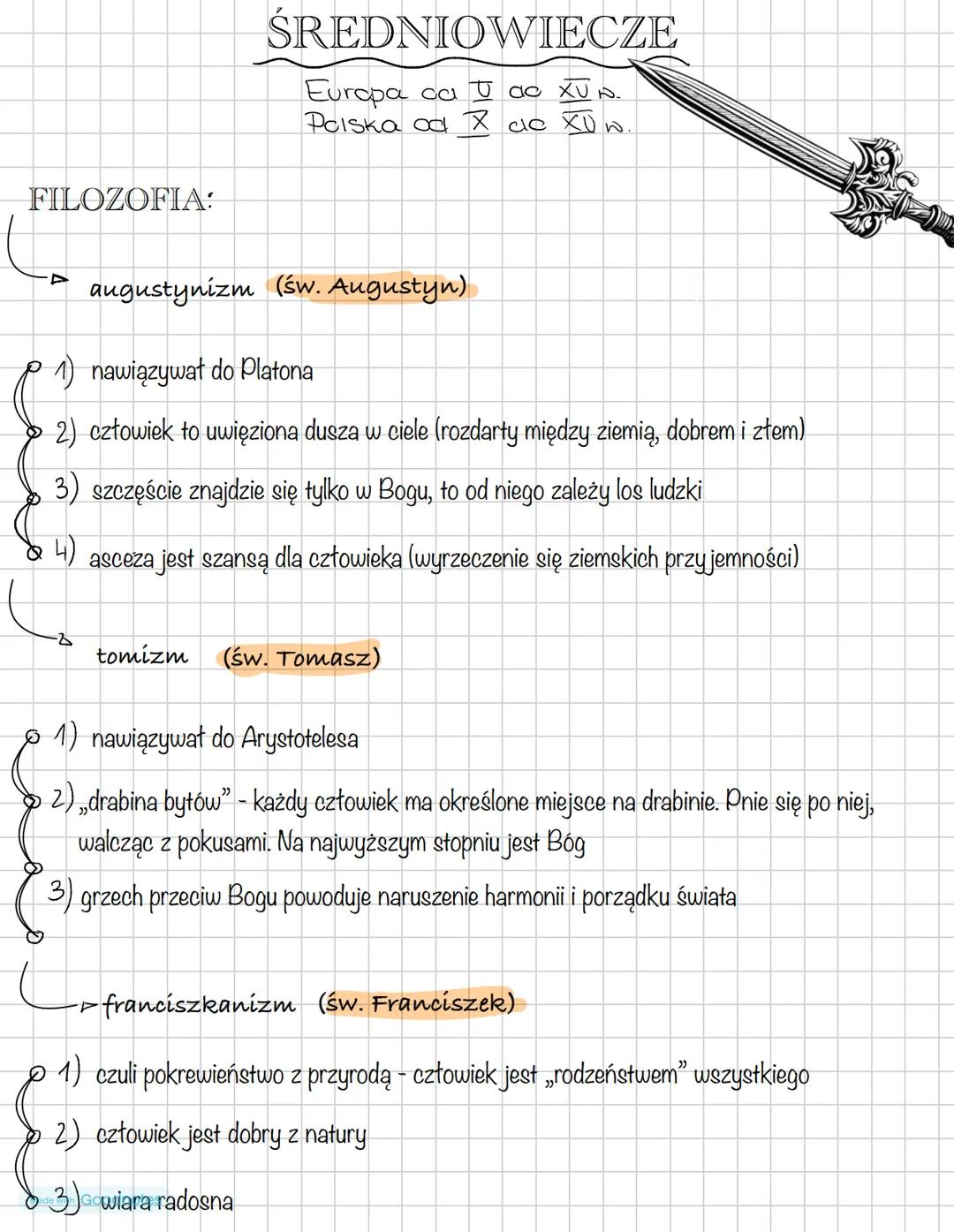 Made with Goodnotes
Notatki-Sredniowiecze FILOZOFIA:
ŚREDNIOWIECZE
Europa ca
do XV w.
Polska od X cle XV w.
augustynizm (św. Augustyn)
1) na