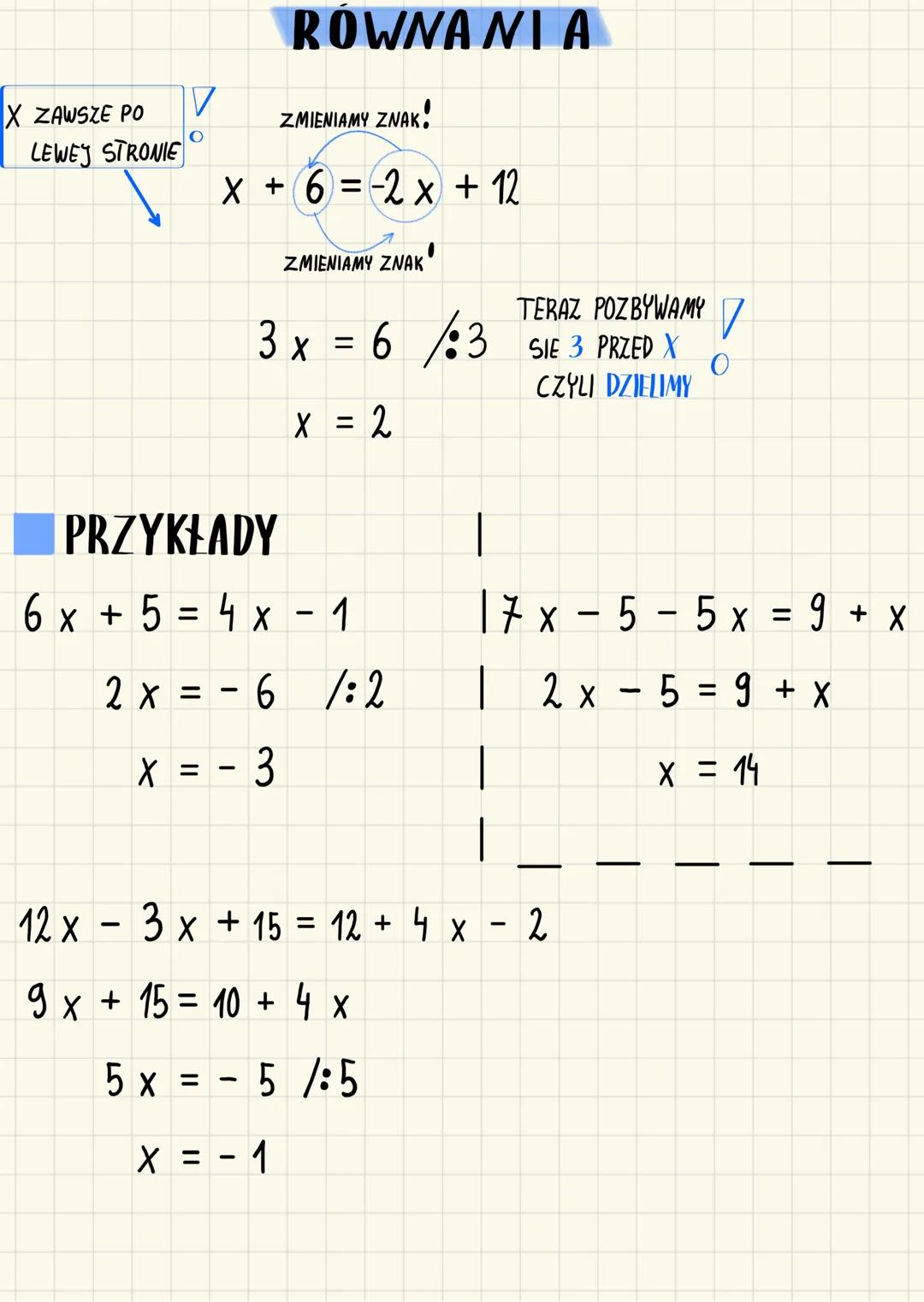 X ZAWSZE PO
LEWEJ STRONIE
ROWNANLA
ZMIENIAMY ZNAK!
$x + 6 = -2x + 12$
ZMIENIAMY ZNAK!
$3x = 6 :3$
TERAZ POZBYWAMY
SIE 3 PRZED X
CZYLI DZ