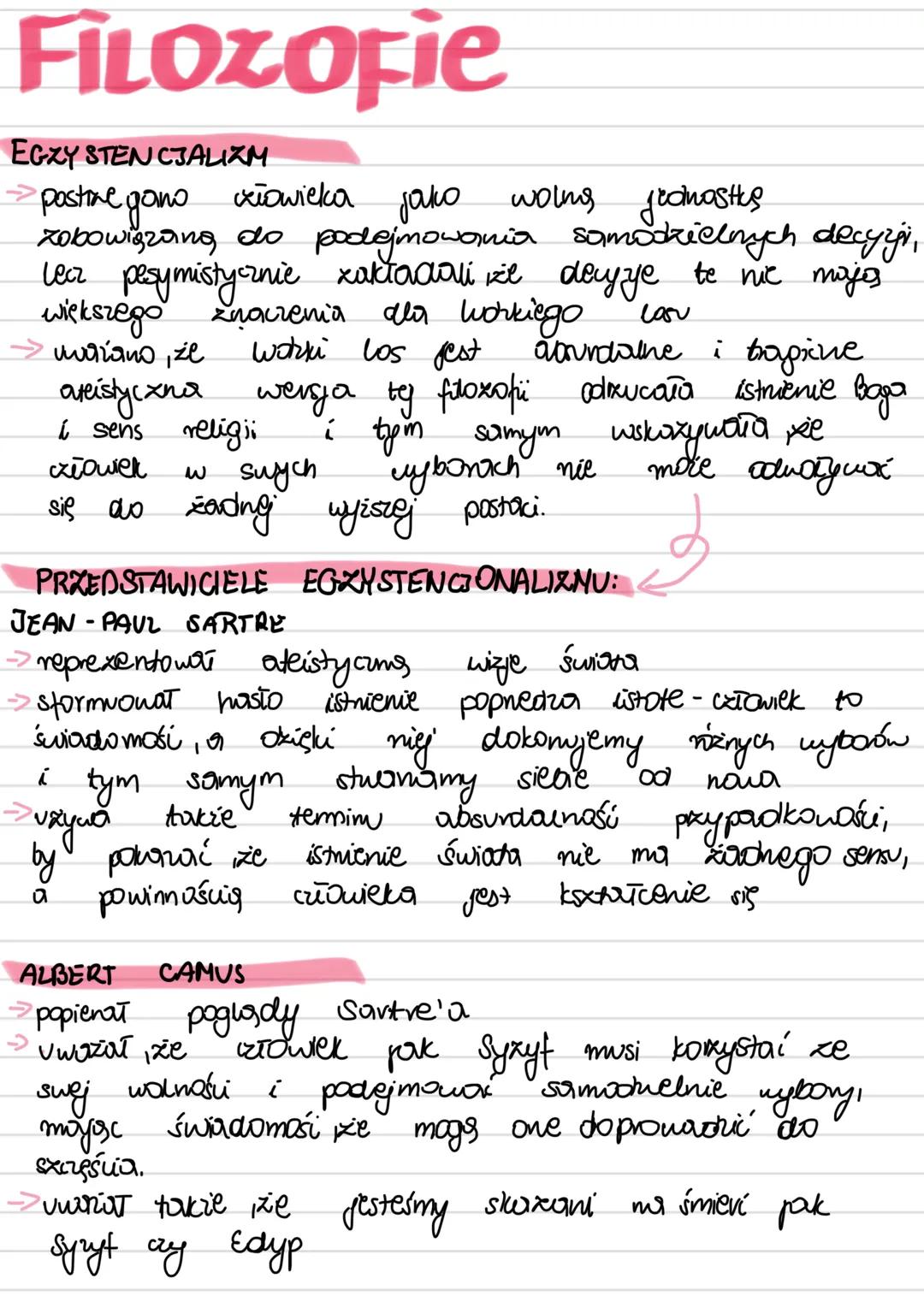 FILOZOFie
EGZY STENCJALIZM
→postive gomo xłowieka jako
wolms fromastus
zobowiązing do podejmowania samodzielnych decyzji,
Lecz pesymistyczni