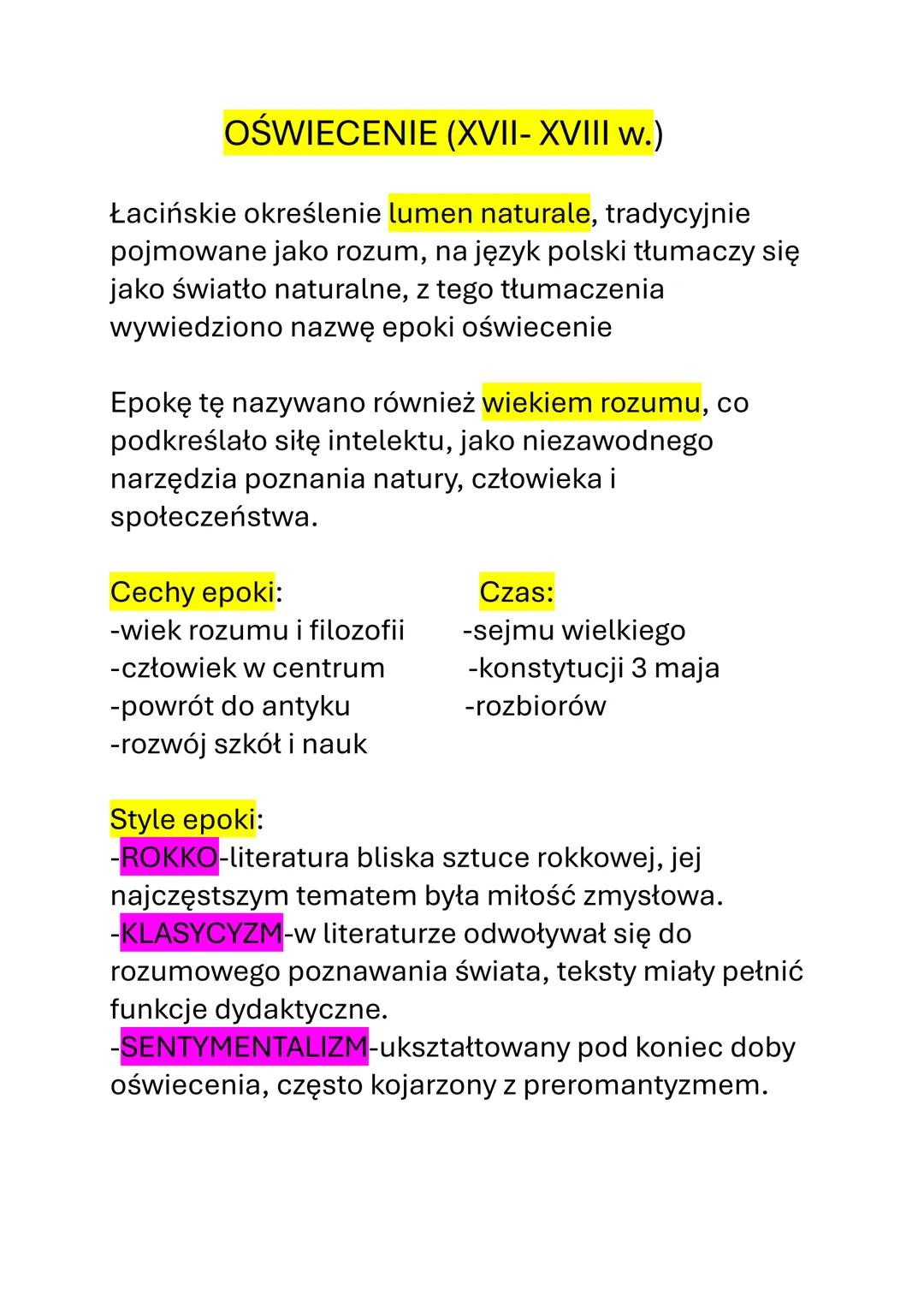 # OŚWIECENIE (XVII- XVIII w.)
Łacińskie określenie lumen naturale, tradycyjnie
pojmowane jako rozum, na język polski tłumaczy się
jako świa