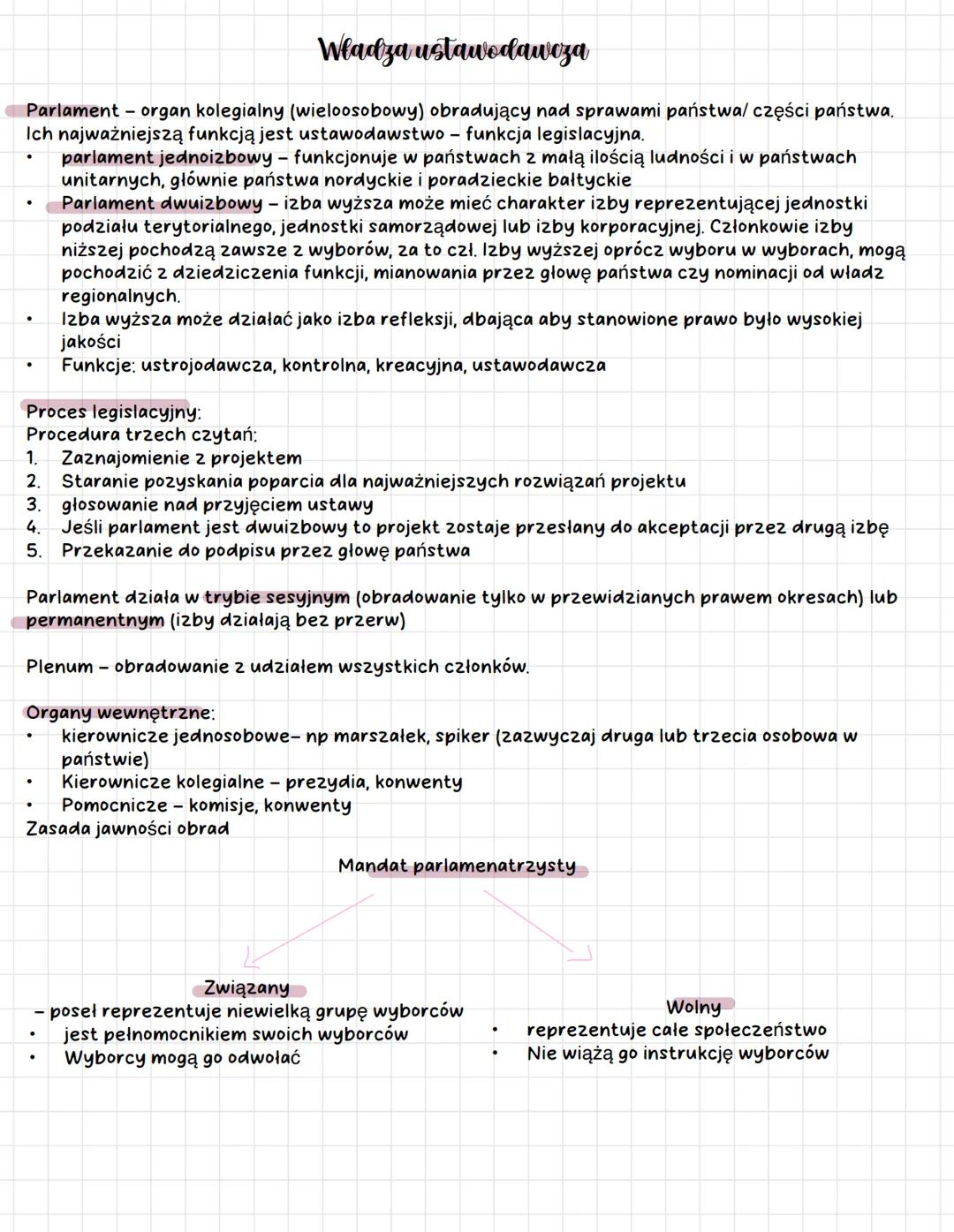 # Władza ustawodawoza
Parlament - organ kolegialny (wieloosobowy) obradujący nad sprawami państwa/ części państwa.
Ich najważniejszą funkcj