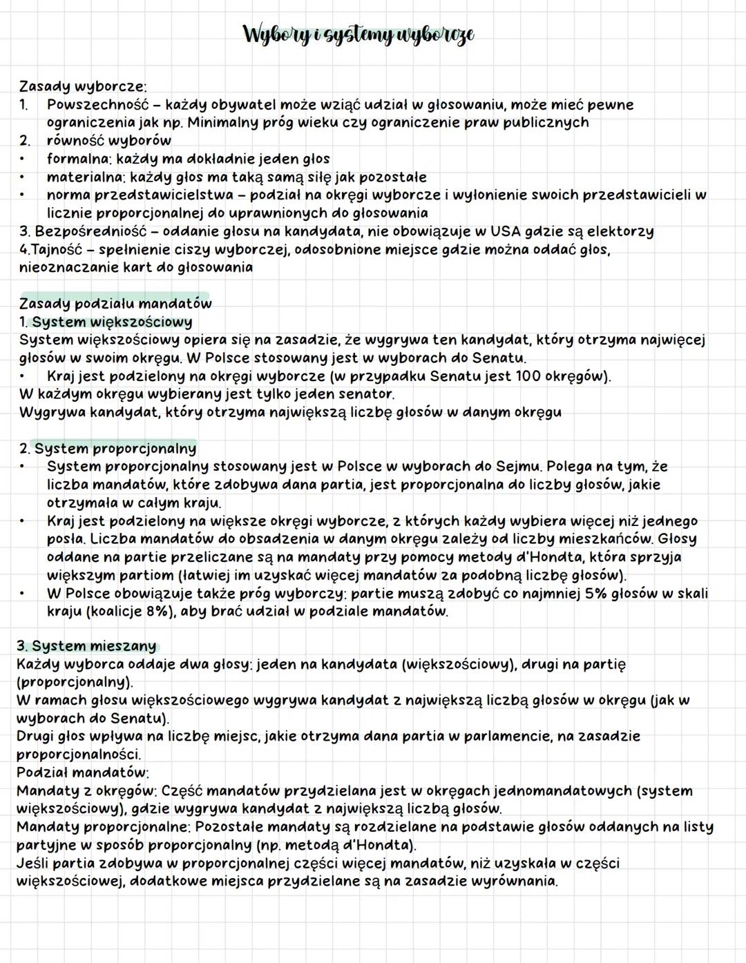 Wybory i systemy wyborcze
Zasady wyborcze:
1.
Powszechność - każdy obywatel może wziąć udział w głosowaniu, może mieć pewne
ograniczenia jak