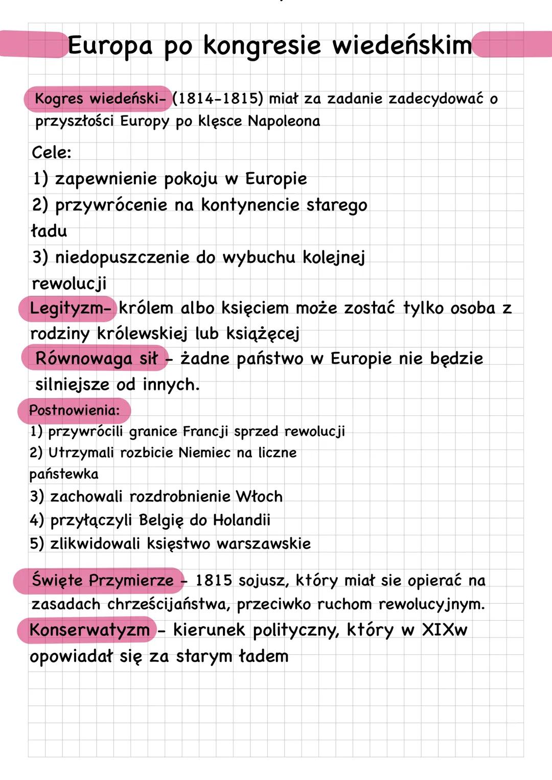 Europa po kongresie wiedeńskim
Kogres wiedeński- (1814-1815) miał za zadanie zadecydować o
przyszłości Europy po klęsce Napoleona
Cele:
1) z