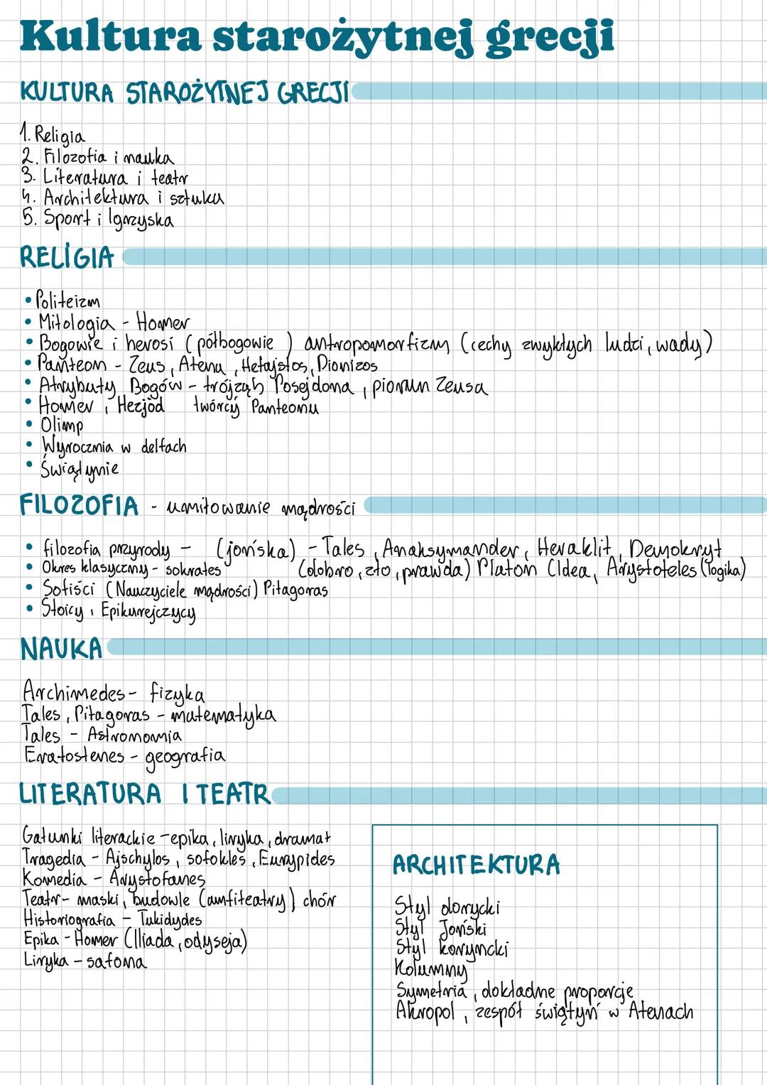 Kultura starożytnej grecji
KULTURA STAROŻYTNEJ GRECJI
1. Religia
2. Filozofia i mauka
3. Literatura i teatr
4. Architektura i sztuka
5. Spor