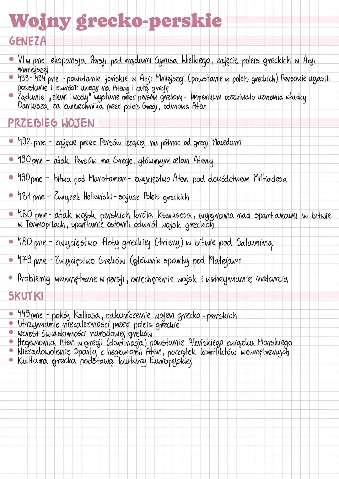 Wojny grecko-perskie
GENEZA
Vlw pne ekspansja Persji pod rządami Cyrusa Wielkiego, zajęcie poleis greckich w Azji
mniejszej
499-494 pme - po