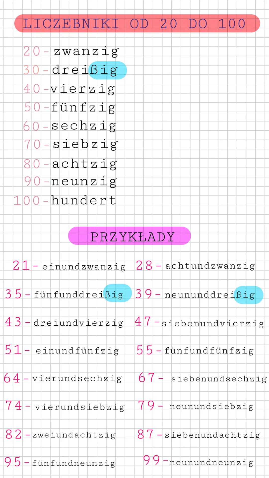 # LICZEBNIKI OD 20 DO 100
20-zwanzig
30-dreißig
40-vierzig
50-fünfzig
60-sechzig
70-siebzig
80-achtzig
90-neunzig
100-hundert
# PRZYKŁADY