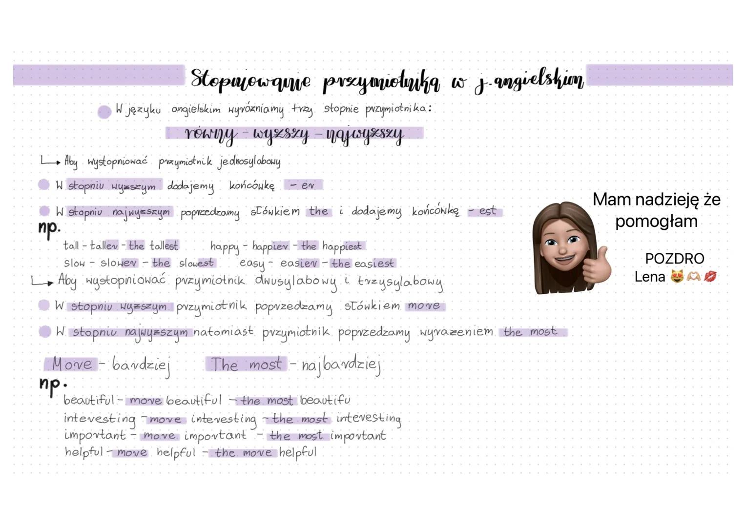 Stopujowqnie przymiotniką w j. angielskion
W języku angielskim wyróżniamy trzy stopnie przymiotnika:
rowny - wyzszy - najwyzszy
Aby wystop