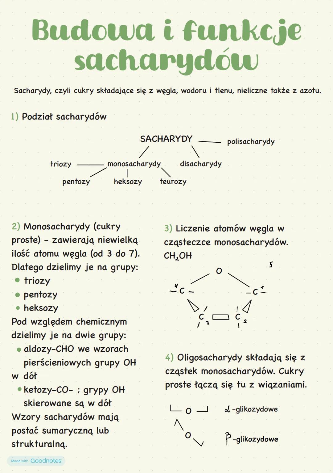 # Budowa i funkcje
sacharydów
Sacharydy, czyli cukry składające się z węgla, wodoru i tlenu, nieliczne także z azotu.
1) Podział sacharydó