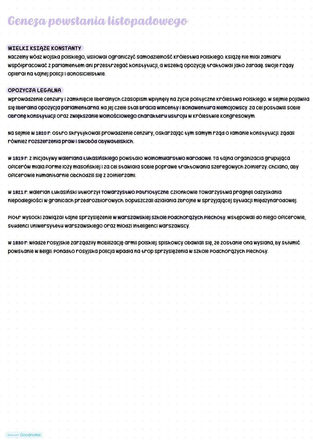 Geneza powstania listopadowego
WIELKI KSIĄŻE KONSTANTY
Naczelny wódz wojska polskiego, usiłował ograniczyć samodzielność królestwa Polskiego