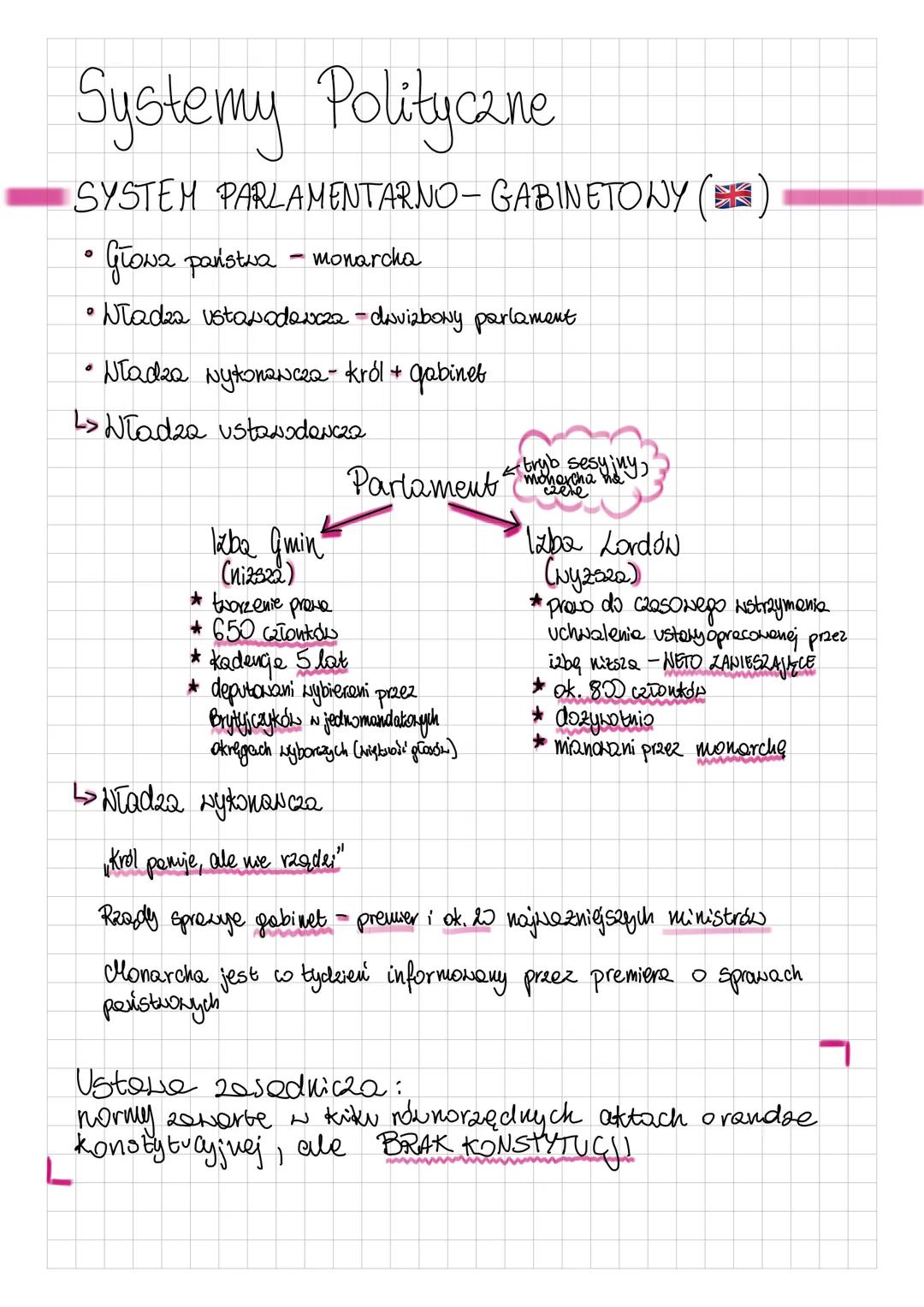 Systemy Polityczne
SYSTEM
PARLAMENTARNO-GABINETONY (K
• Głowa państwa - monarcha
0
Władza ustawodawcza - davizbony parlament
o
Nładza Nykona