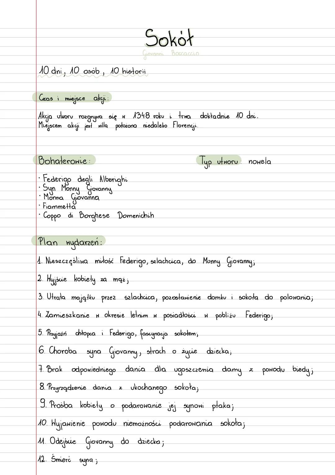 Sokół
Giovanni Boccaccia
10 dni, 10 osób, 10 historii
Czas i miejsce akcji:
Akcja utworu rozgrywa się H 1348 roku i trwa dokładnie 10 dni