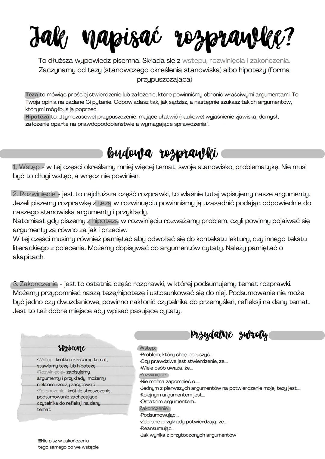 # Jak napisać rozprawke?
To dłuższa wypowiedz pisemna. Składa się z wstępu, rozwinięcia i zakończenia.
Zaczynamy od tezy (stanowczego okreś