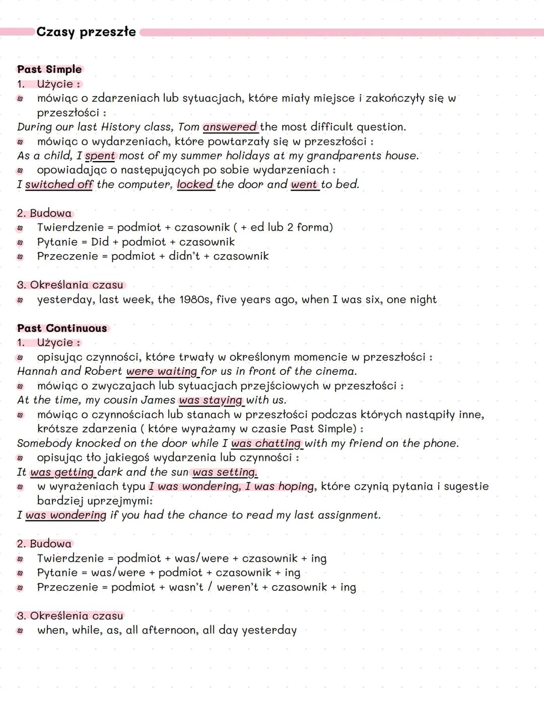 Czasy przeszłe
Past Simple
1. Użycie :
83
mówiąc o zdarzeniach lub sytuacjach, które miały miejsce i zakończyły się w
przeszłości :
During o