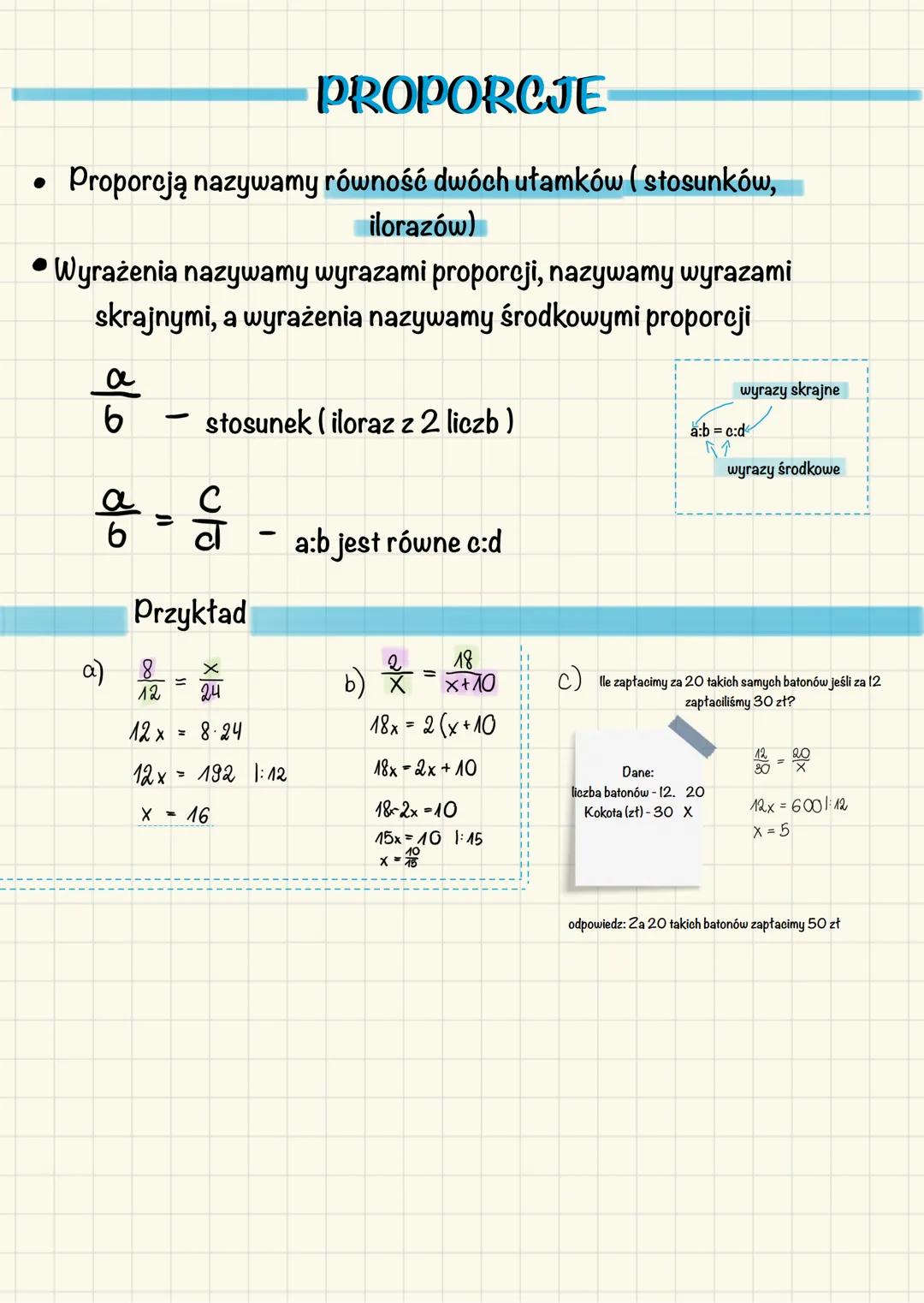 •
PROPORCJE
Proporcją nazywamy równość dwóch ułamków ( stosunków,
ilorazów)
•Wyrażenia nazywamy wyrazami proporcji, nazywamy wyrazami
skrajn