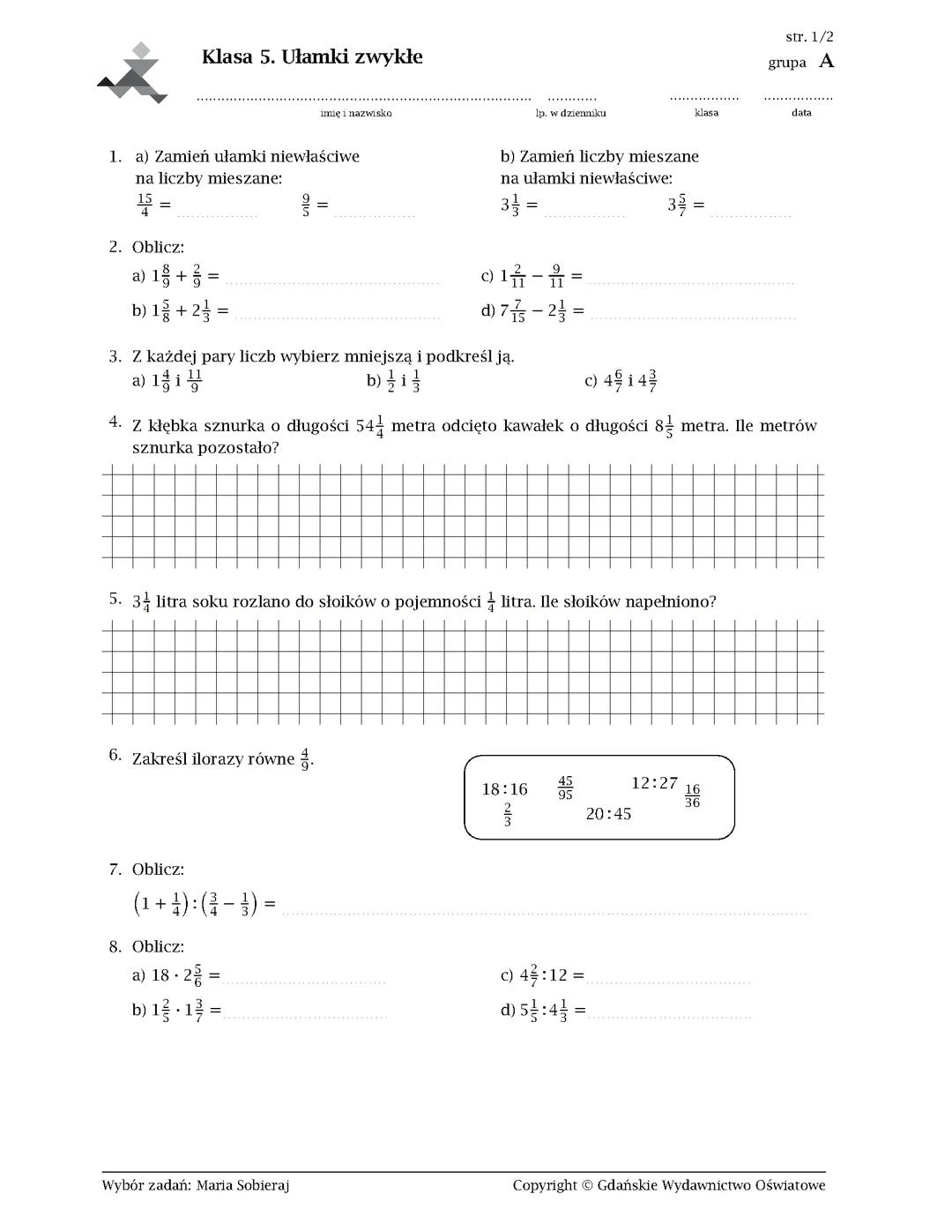 Klasa 5 temat ułamki zwykłe