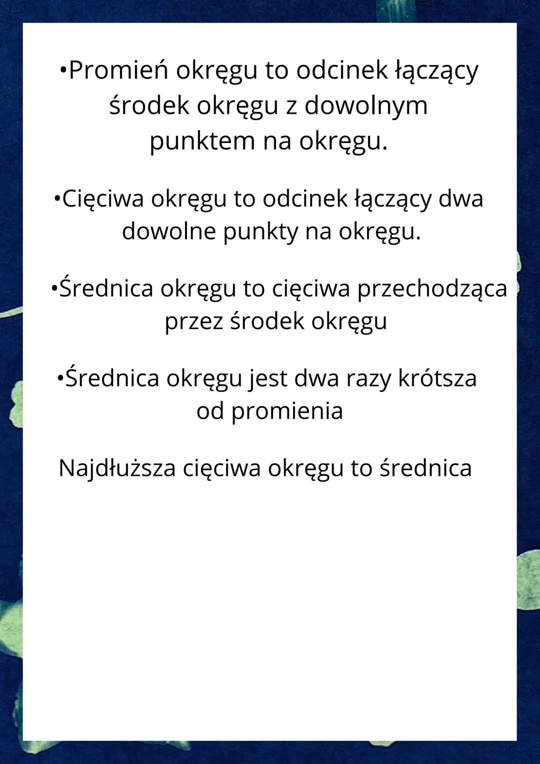 Koła i okręgi
⚫Okrag to linia, a koło to figura geometryczna, w
skład której wchodzi okrąg i wszystkie punkty
A
znajdujące się w jego wnętrz