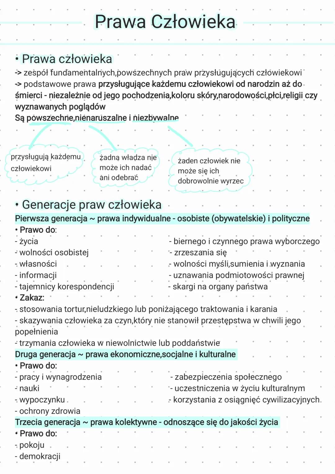 # Prawa Człowieka
• Prawa człowieka
-> zespół fundamentalnych, powszechnych praw przysługujących człowiekowi
-> podstawowe prawa przysług