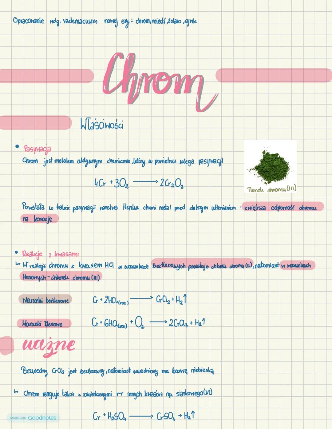 :
Opracowanie wdg. vademacuum nowej ery = chrom, miedź, żelazo, cynk
• Pasywacja
Chrom
Wlasciwości
Chrom jest metalem allywnym chemicznie, l