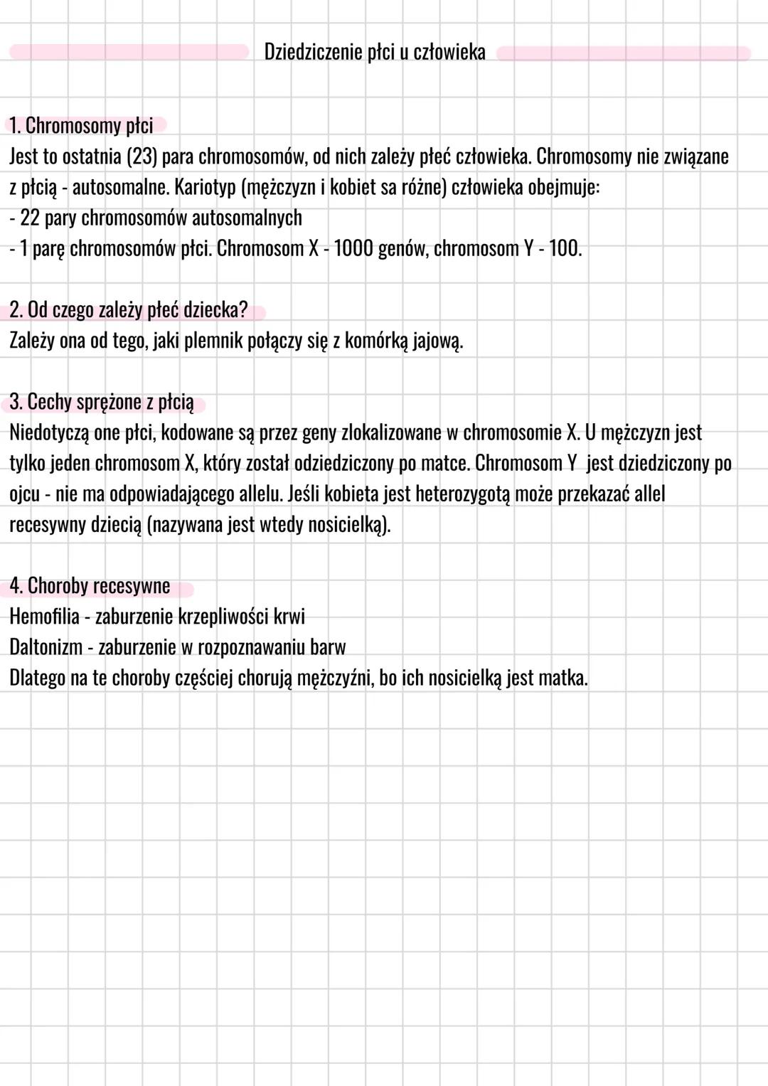 # Dziedziczenie płci u człowieka
1. Chromosomy płci
Jest to ostatnia (23) para chromosomów, od nich zależy płeć człowieka. Chromosomy nie