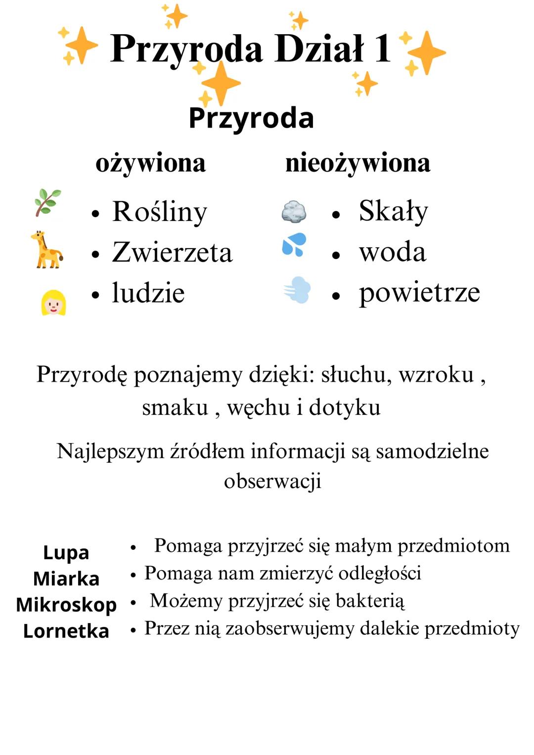 Przyroda Dział 1
Przyroda
nieożywiona
ożywiona
•
Rośliny
•
Skały
•
Zwierzeta
•
woda
ludzie
powietrze
Przyrodę poznajemy dzięki: słuchu, wzro