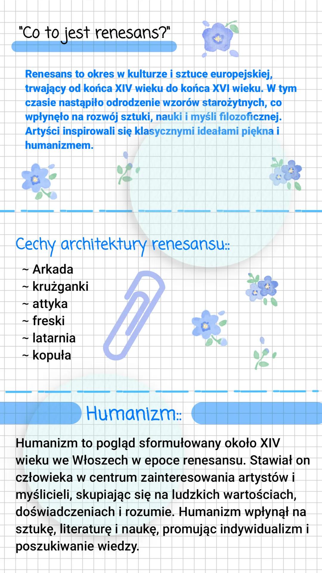 Renesans
-
narodziny nowej epoki
1. Czas trwania: Renesans trwał od XIV do
XVII wieku.
2. Znaczenie: Słowo "renesans" oznacza
"odrodzenie",