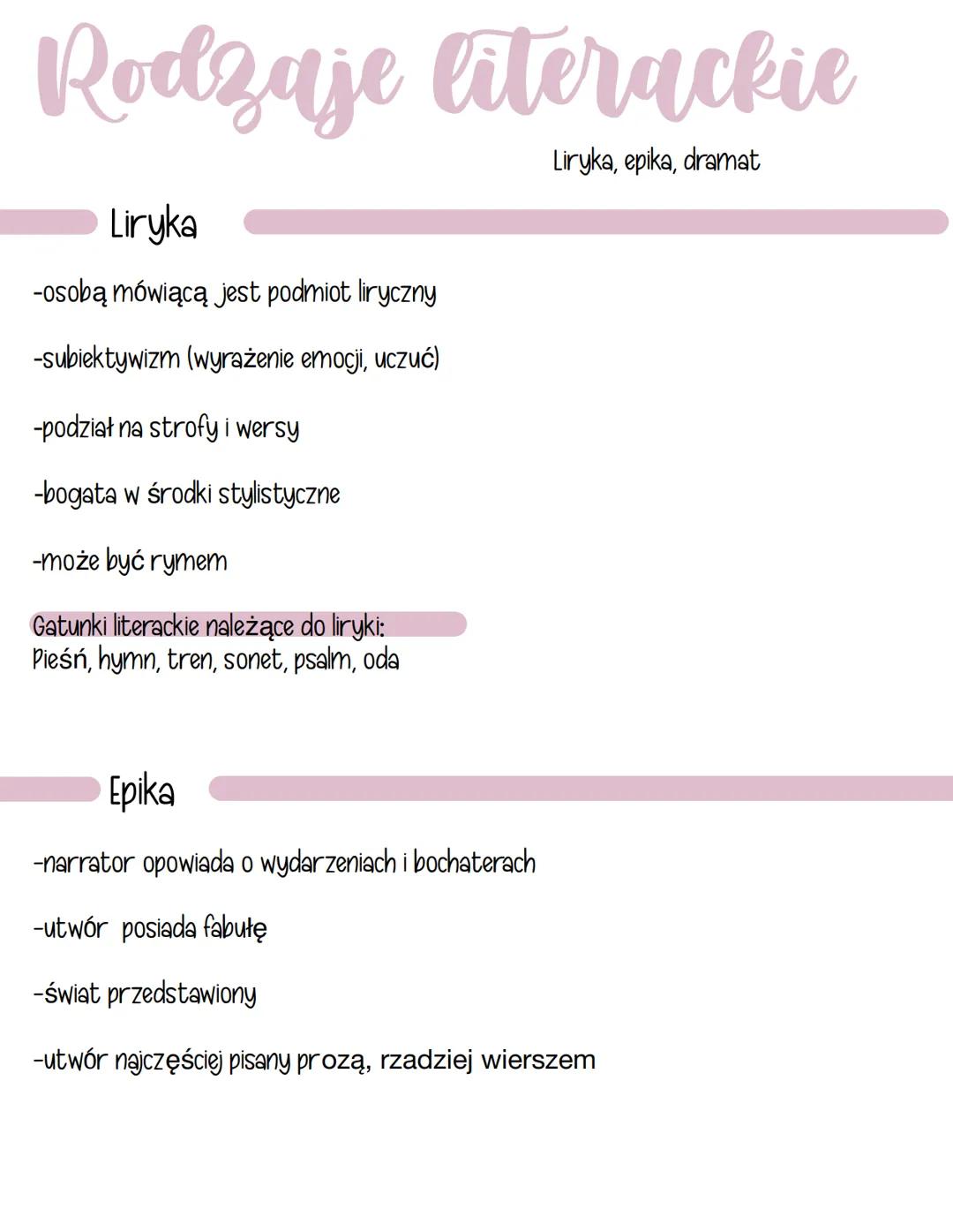 Rodzaje literackie
Liryka
-osobą mówiącą jest podmiot liryczny
-subiektywizm (wyrażenie emocji, uczuć)
-podział na strofy i wersy
-bogata w