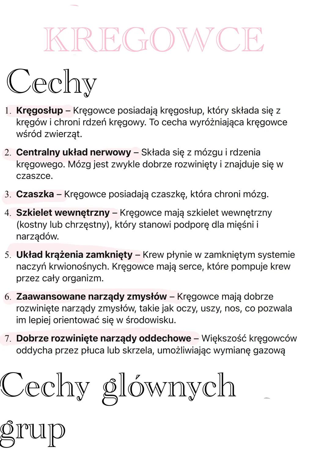 # KREGOWCE
Cechy
1. Kręgosłup - Kręgowce posiadają kręgosłup, który składa się z
kręgów i chroni rdzeń kręgowy. To cecha wyróżniająca krę