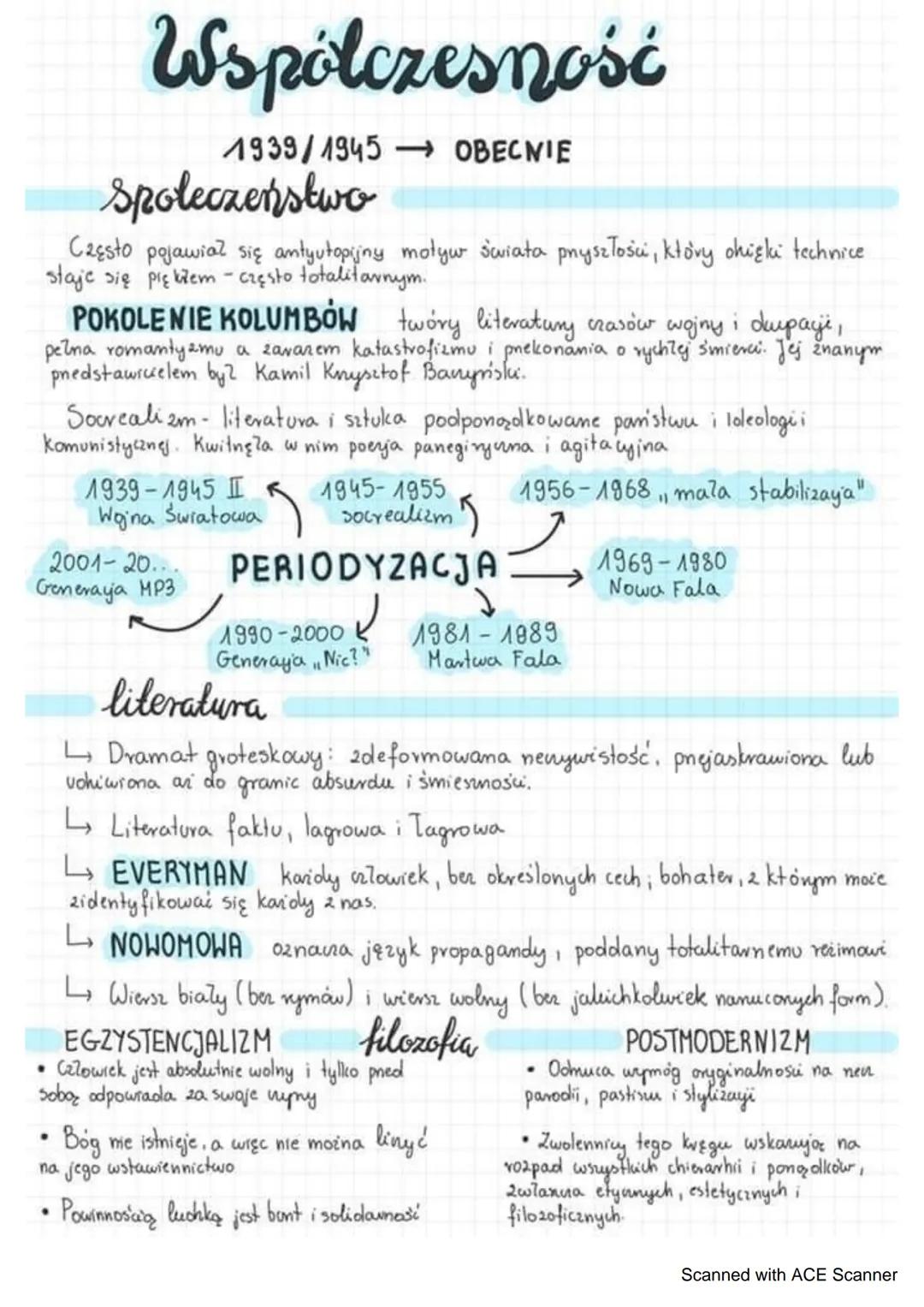 Wspólczesność
1939/1945 OBECNIE
Społeczeństwo
Często pojawia się antyutopijny motyw świata pryszłości, który okięki technice
staje się pięki