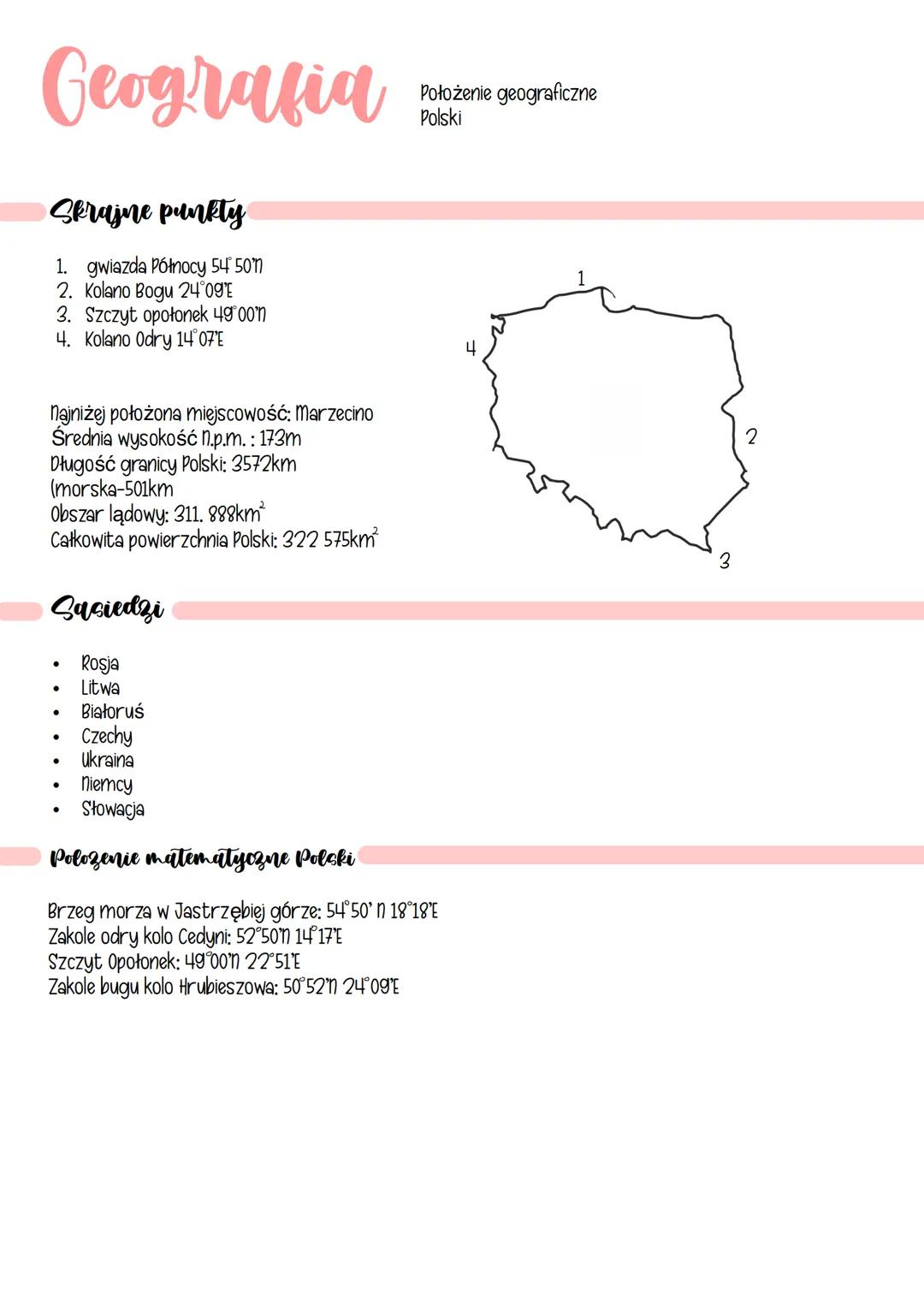 Geografia
Skrajne punkty
1. gwiazda Północy 54° 50'ʼn
2. Kolano Bogu 24°09'E
3. Szczyt opołonek 49°00'n
4. Kolano Odry 14°07'E
najniżej położ