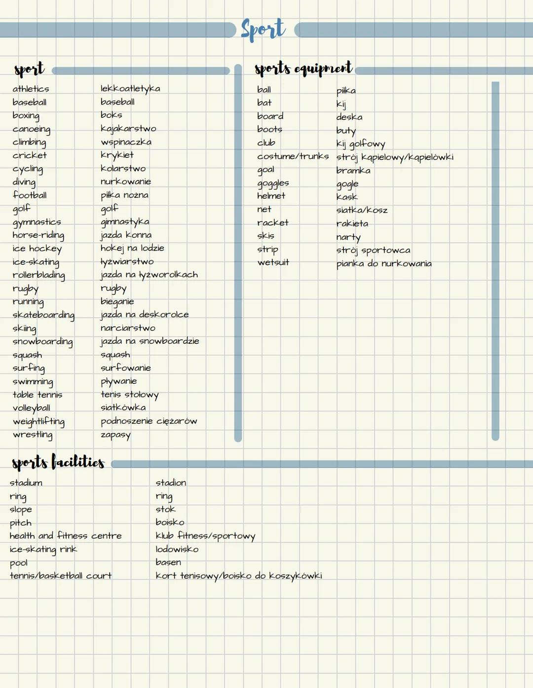 # Sport
athletics
baseball
boxing
canoeing
climbing
cricket
cycling
diving
football
golf
gymnastics
horse-riding
ice hockey
ice-skating
rol