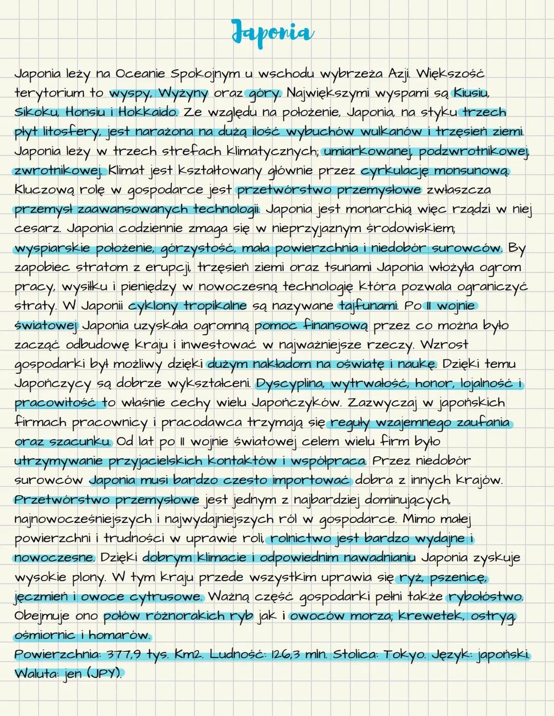 # Japonia
Japonia leży na Oceanie Spokojnym u wschodu wybrzeża Azji. Większość
terytorium to wyspy. Wyżyny oraz góry. Największymi wyspami