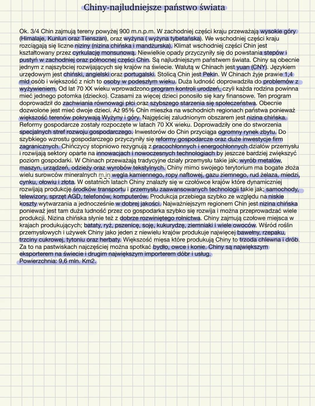 # Chiny-najludniejsze państwo świata
Ok. 3/4 Chin zajmują tereny powyżej 900 m.n.p.m. W zachodniej części kraju przeważają wysokie góry
(Hi
