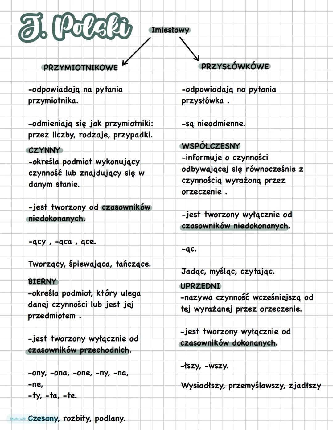 # J. Polski Imiestowy
PRZYMIOTNIKOWE
-odpowiadają na pytania
przymiotnika.
-odmieniają się jak przymiotniki:
przez liczby, rodzaje, przyp