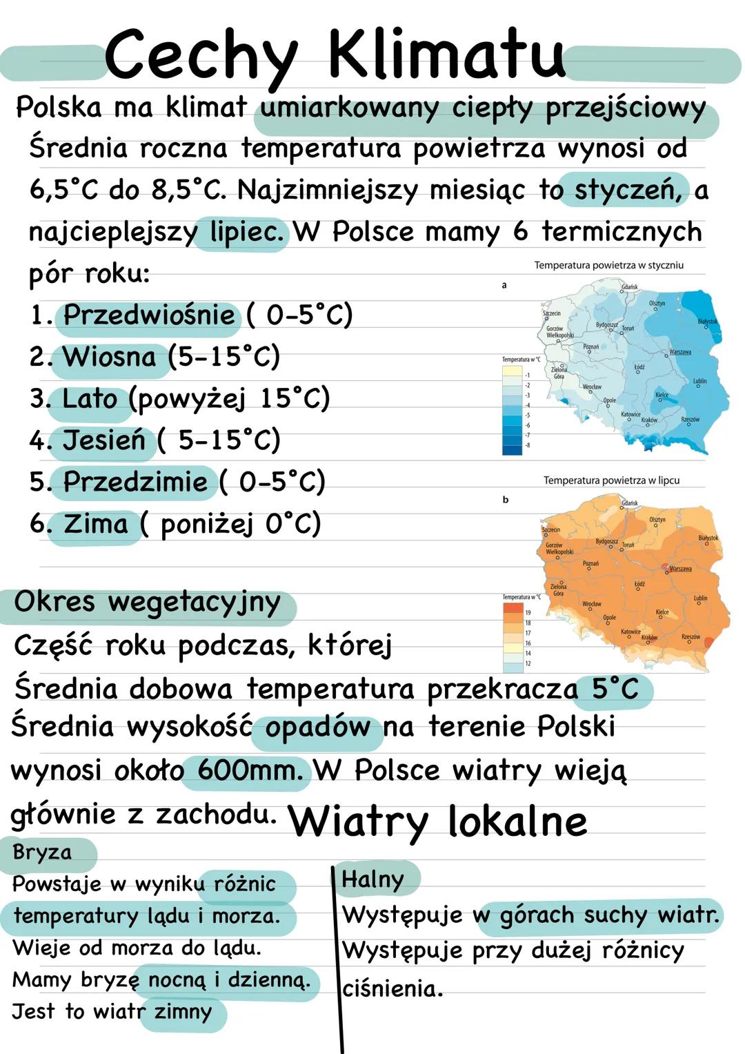 Cechy Klimatu
Polska ma klimat umiarkowany ciepły przejściowy
Średnia roczna temperatura powietrza wynosi od
6,5°C do 8,5°C. Najzimniejszy m